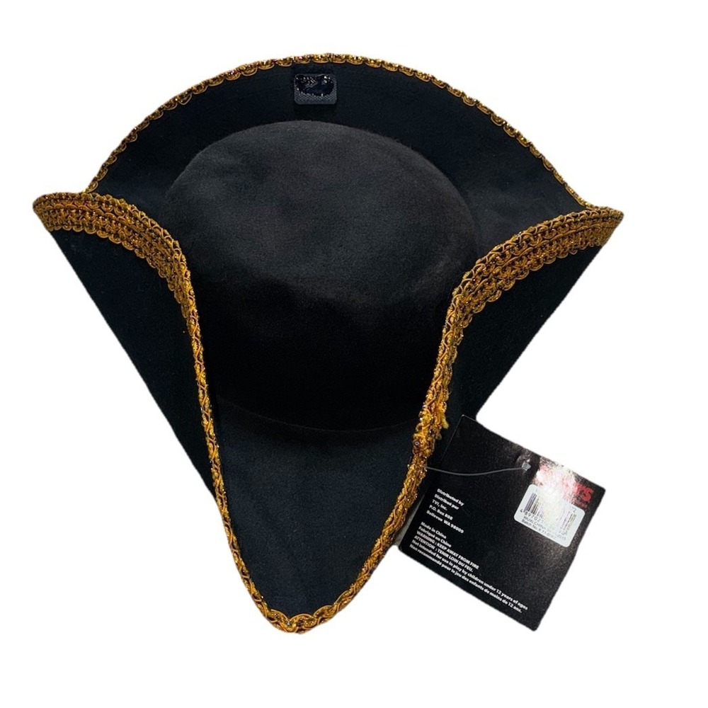 Pirate Hat Adult Black Tricorn Gold Trim Costume Alter Ego Halloween NEW *flaw
